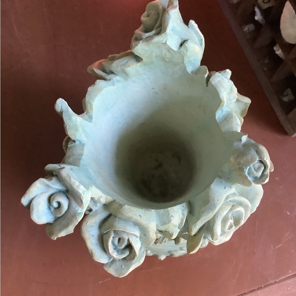 Vintage Sage Aqua Green Rose Vine Detail Ornate Resin Vase - Picture 4 of 9